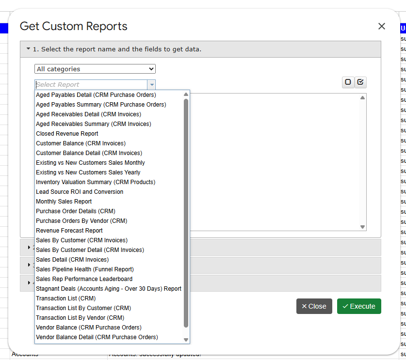 Get Custom Reports dialog with the report catalog