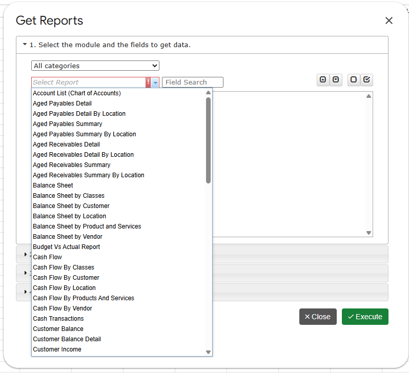 Zoho Books financial report pulled into Google Sheets